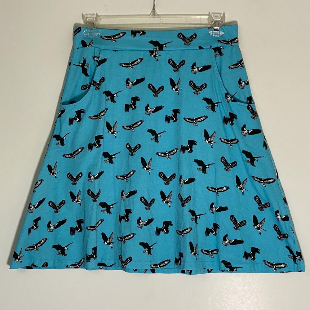 Svaha Skirt Womens Large Blue Eagle Print A-Line Organic Cotton Pockets